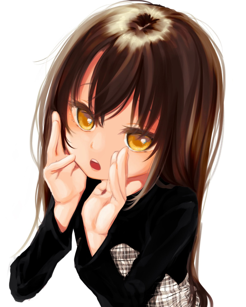 1girl black_dress brown_hair dress hands_on_own_face highres honnryou_hanaru long_hair long_sleeves looking_at_viewer non-web_source open_mouth original ruri_honjou simple_background solo source_request teeth two-tone_dress upper_body upper_teeth_only white_background yellow_eyes