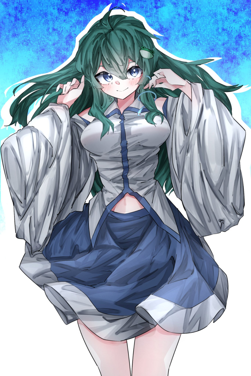 1girl ahoge arms_up blue_background blue_eyes blue_skirt blush breasts collared_shirt detached_sleeves feet_out_of_frame frog_hair_ornament green_hair hair_ornament highres kochiya_sanae large_breasts long_hair long_skirt looking_at_viewer navel nontraditional_miko shirt skirt sleeveless sleeveless_shirt snake_hair_ornament touhou vivo_(vivo_sun_0222) white_shirt white_sleeves wide_sleeves