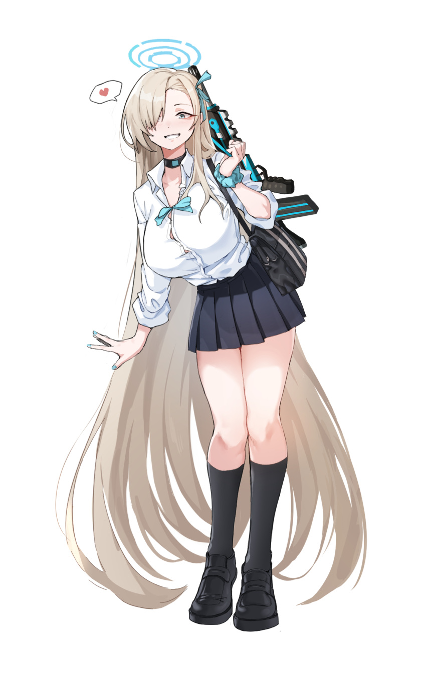 1girl absurdres assault_rifle asuna_(blue_archive) bag black_bag black_choker black_footwear black_socks blue_archive blue_bow blue_bowtie blue_eyes blue_nails blue_ribbon blue_scrunchie blue_skirt blush bow bowtie breasts bullpup choker collared_shirt commentary dodok_(gj77230) famas fingernails full_body grin gun hair_over_one_eye hair_ribbon halo heart highres large_breasts leaning light_brown_hair loafers long_hair looking_at_viewer official_alternate_costume over_shoulder pleated_skirt ribbon rifle school_bag scrunchie shirt shoes shoulder_bag simple_background skirt smile socks solo spoken_heart standing summer_uniform tachi-e very_long_hair weapon weapon_over_shoulder white_background white_shirt wrist_scrunchie