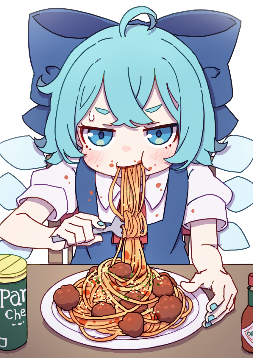 1girl absurdres ahoge blue_bow blue_dress blue_eyes blue_hair blue_nails blush bow cirno closed_mouth collared_shirt detached_wings dress eating fairy fingernails food food_on_face fork hair_bow highres holding holding_fork ice ice_wings kame_(kamepan44231) meatball nail_polish pasta pinafore_dress plate puffy_short_sleeves puffy_sleeves shirt short_hair short_sleeves sitting solo spaghetti spaghetti_and_meatballs touhou white_shirt wings