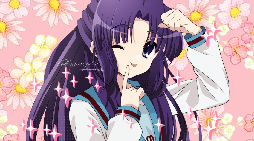 1girl ;p artist_name asakura_ryouko bangs blue_eyes blue_hair blue_sailor_collar commentary_request floral_background hand_up kita_high_school_uniform kuuma25_kuma long_hair long_sleeves looking_at_viewer one_eye_closed parted_bangs pink_background sailor_collar school_uniform serafuku solo sparkle suzumiya_haruhi_no_yuuutsu tongue tongue_out twitter_username upper_body watermark winter_uniform