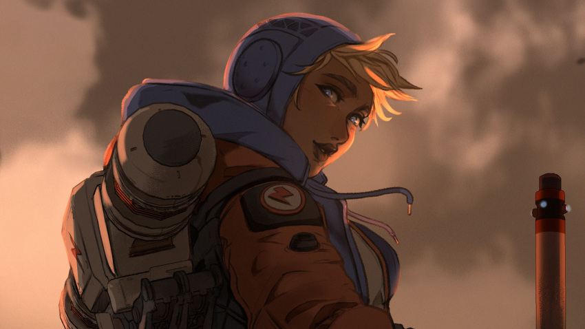 1girl apex_legends bangs blonde_hair blue_bodysuit blue_eyes bodysuit breasts clouds cloudy_sky drawstring english_commentary floating_hair from_side highres hood hood_down hood_up hooded_jacket ifragmentix jacket looking_at_viewer medium_breasts orange_jacket parted_lips portrait ribbed_bodysuit sky smile solo wattson_(apex_legends) white_bodysuit