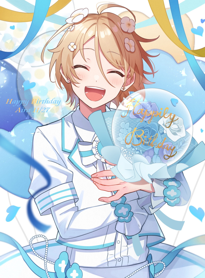 1boy :d ^_^ absurdres ahoge balloon bangs beads birthday blonde_hair blue_flower blue_ribbon blue_rose blush bouquet buttons character_name closed_eyes collared_shirt commentary_request cropped_jacket dated earrings ensemble_stars! flower flower_on_head frilled_sleeves frills hair_between_eyes happy happy_birthday heart heart_balloon highres holding holding_bouquet jacket jewelry lapels layered_sleeves long_sleeves male_focus open_clothes open_jacket open_mouth parted_bangs puffy_short_sleeves puffy_sleeves purple_flower purple_rose ribbon rose shino_(sinotaro_) shiratori_aira_(ensemble_stars!) shirt short_hair short_over_long_sleeves short_sleeves smile solo teeth tongue white_flower white_jacket white_rose white_shirt wing_collar yellow_ribbon