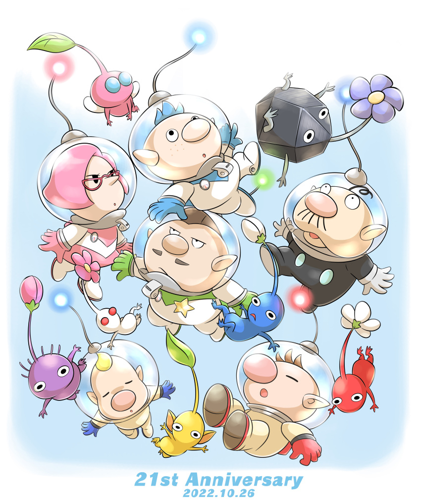 1girl 5boys :o absurdres alph_(pikmin) anniversary aogaeru_(pixiv46613656) badge big_nose blonde_hair blue_background blue_gloves blue_hair brittany_(pikmin) brown_hair charlie_(pikmin) closed_eyes closed_mouth commentary_request dated facial_hair flower freckles glasses gloves green_gloves helmet highres jitome leaf louie_(pikmin) multiple_boys mustache olimar open_mouth pikmin pikmin_(creature) pikmin_(series) pink-framed_eyewear pink_flower pink_gloves pink_hair pointy_ears president_(pikmin) purple_flower radio_antenna red_gloves short_hair simple_background space_helmet spacesuit star_(symbol) whistle white_background white_flower white_gloves
