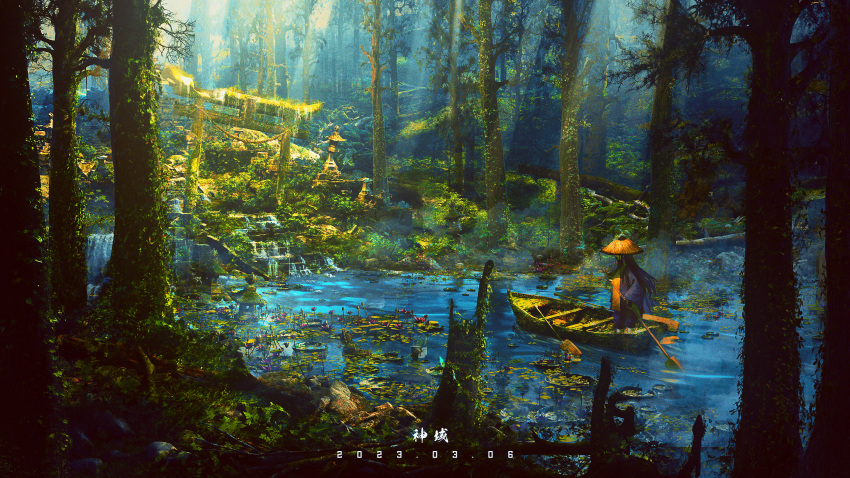 1girl absurdres black_hair black_pants boat commentary dated fantasy forest hat highres holding holding_paddle japanese_clothes kimono landscape leaf light_rays log long_hair miko nature original overgrown paddle pants plant reflection rei_(lappy_mofumofu) ruins scenery standing straw_hat sunlight torii tree water watercraft waterfall white_kimono