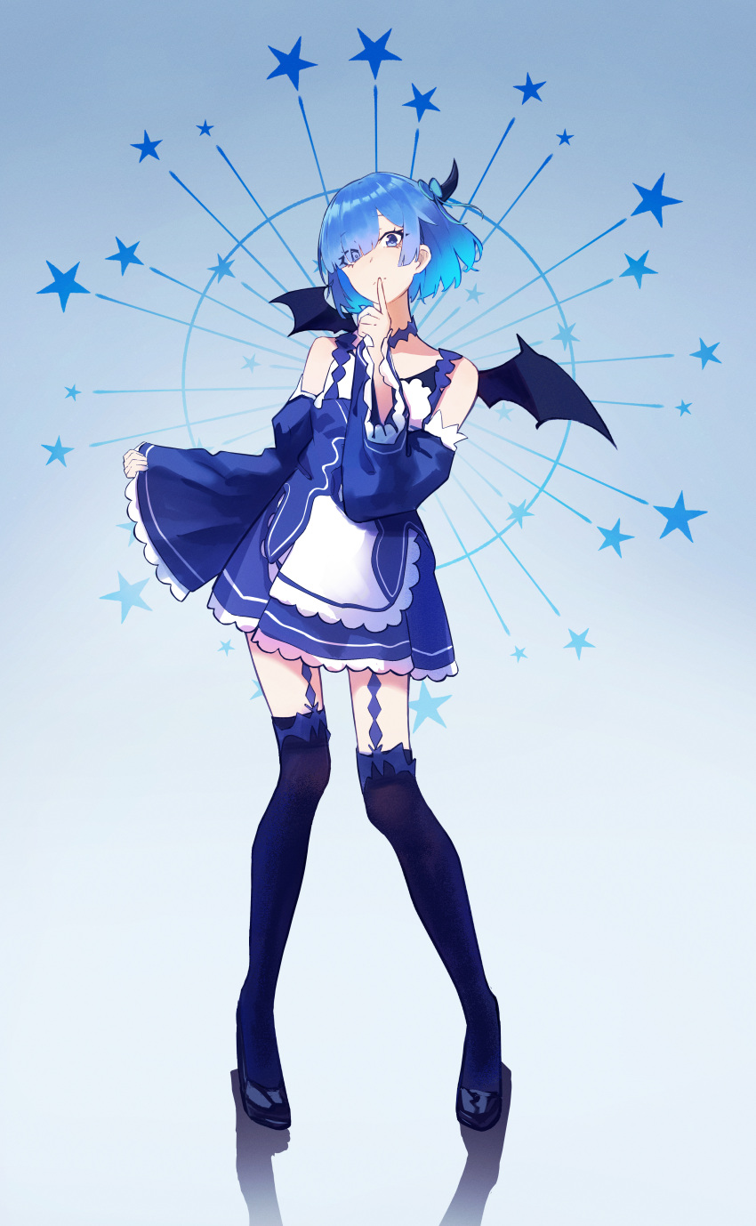1girl absurdres adapted_costume asymmetrical_bangs bangs bare_shoulders bat_wings black_footwear blue_background blue_bow blue_dress blue_eyes blue_garter_straps blue_hair blue_ribbon blue_theme blue_thighhighs bow closed_mouth detached_sleeves dress finger_to_mouth full_body gradient_background gradient_hair hair_bow hair_over_one_eye high_heels highres horns index_finger_raised looking_at_viewer mini_wings multicolored_hair parted_bangs re:zero_kara_hajimeru_isekai_seikatsu reflection rem_(re:zero) ribbon rn9 short_dress short_hair simple_background single_horn solo star_(symbol) thigh-highs wide_sleeves wings zettai_ryouiki