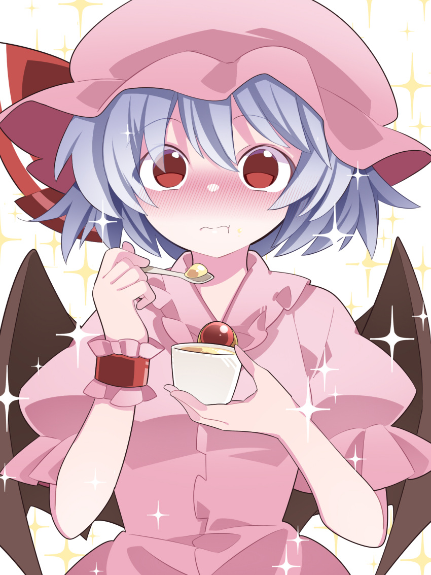 1girl :t bangs blue_hair blush breasts brooch dress eating food frilled_shirt_collar frills full-face_blush hammer_(sunset_beach) hands_up hat highres holding holding_spoon jewelry mob_cap pink_dress pudding remilia_scarlet short_hair simple_background small_breasts solo sparkle spoon touhou upper_body white_background wide-eyed