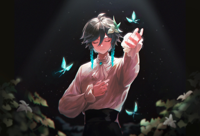 1boy aqua_hair black_background black_hair black_pants blue_butterfly braid bug butterfly closed_eyes closed_mouth facing_viewer flower genshin_impact hair_flower hair_ornament highres leaf long_sleeves male_focus multicolored_hair pants porary shirt short_hair smile solo twin_braids venti_(genshin_impact) white_flower white_shirt