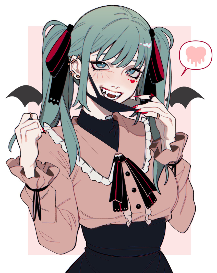 1girl absurdres bandaid bandaid_on_neck black_mask black_skirt blue_eyes blue_hair commentary detached_wings ear_piercing facial_mark fangs hatsune_miku heart heart_facial_mark highres jewelry jirai_kei mask mask_pull mouth_mask multiple_rings piercing pink_shirt porqueloin red_nails ring shirt skirt smile solo spoken_heart twintails vampire vampire_(vocaloid) vocaloid wings