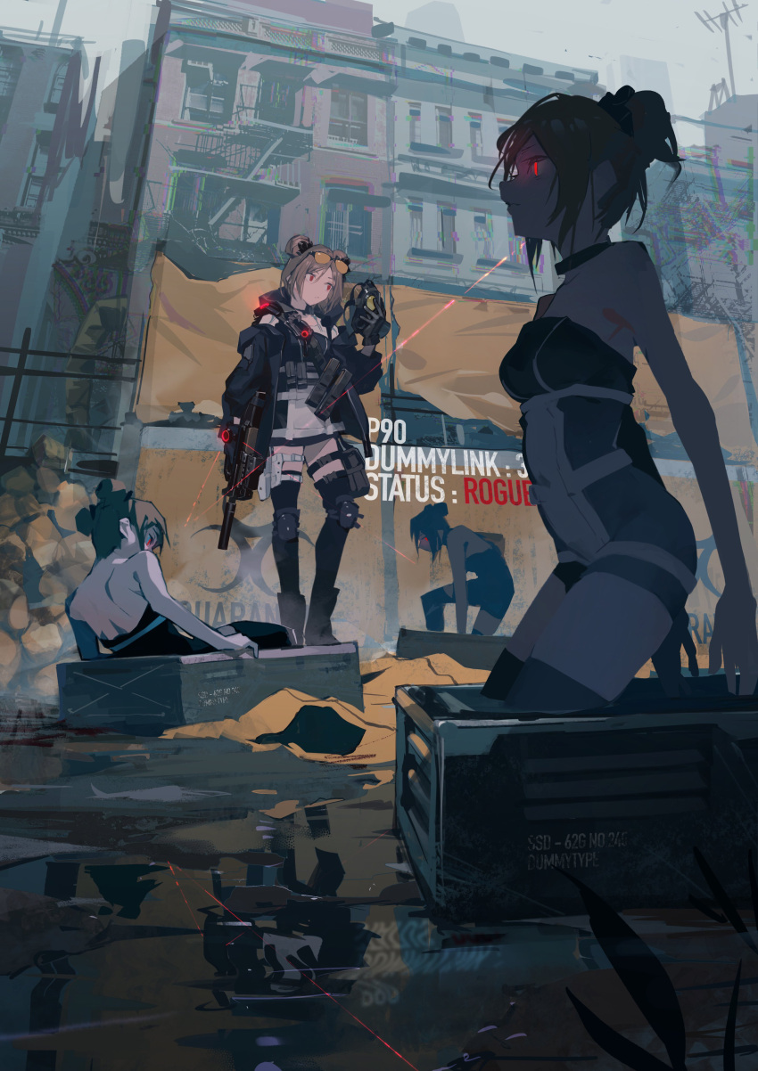 aamond absurdres bangs black_thighhighs building bullpup choker city closed_mouth commentary_request day double_bun english_text eyewear_on_head full_body girls_frontline gloves glowing glowing_eyes gun hair_bun highres holding holding_gun holding_mask holding_weapon light_brown_hair mask outdoors p90 p90_(girls'_frontline) red_eyes short_hair stairs standing submachine_gun sunglasses thigh-highs tom_clancy's_the_division weapon