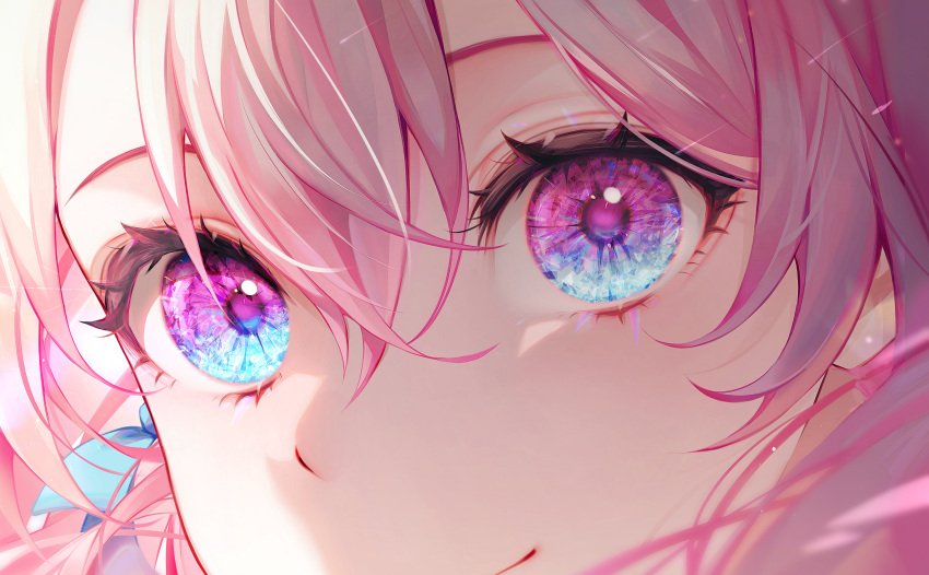 1girl 58_(opal_00_58) absurdres bangs blue_eyes blue_ribbon close-up closed_mouth commentary crossed_bangs dated_commentary eye_focus eyelashes hair_between_eyes hair_ribbon highres looking_at_viewer multicolored_eyes original pink_eyes pink_hair ribbon short_hair smile solo