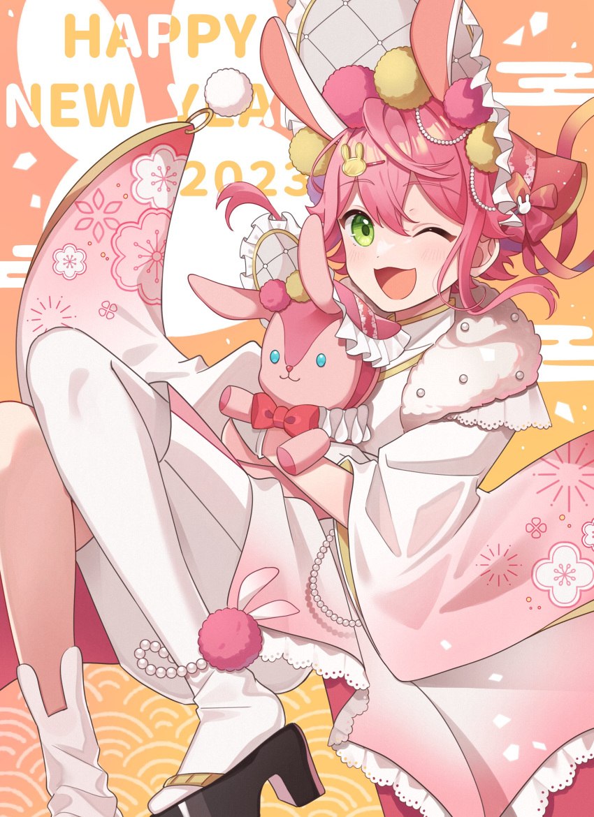 1boy 2023 ;3 ;d absurdres androgynous animal_ears bangs black_footwear blush bonnet bow chinese_zodiac commentary_request egasumi ensemble_stars! floating_hair frills gradient_background green_eyes hair_between_eyes hair_ornament hairclip happy_new_year highres himemiya_tori holding holding_stuffed_toy lace_trim long_sleeves looking_at_viewer male_focus one_eye_closed open_mouth pink_hair pink_headwear pink_ribbon pom_pom_(clothes) pom_pom_hair_ornament rabbit_ears red_bow ribbon sandals seigaiha shino_(sinotaro_) short_hair shorts sidelocks simple_background single_sock single_thighhigh smile socks solo stuffed_animal stuffed_rabbit stuffed_toy thigh-highs white_shorts white_socks white_thighhighs wide_sleeves year_of_the_rabbit