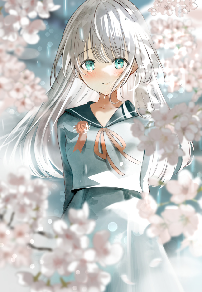 1girl arms_behind_back bangs blurry blurry_background blurry_foreground blush branch breasts cherry_blossoms closed_mouth collarbone flower graduation green_eyes grey_skirt highres long_hair long_sleeves looking_at_viewer orange_flower orange_ribbon orange_rose original outdoors petals pleated_skirt rain ribbon rose sailor_collar school_uniform serafuku shirt sidelocks single_tear skirt small_breasts smile solo tasuku_(otomebotan) water_drop white_hair