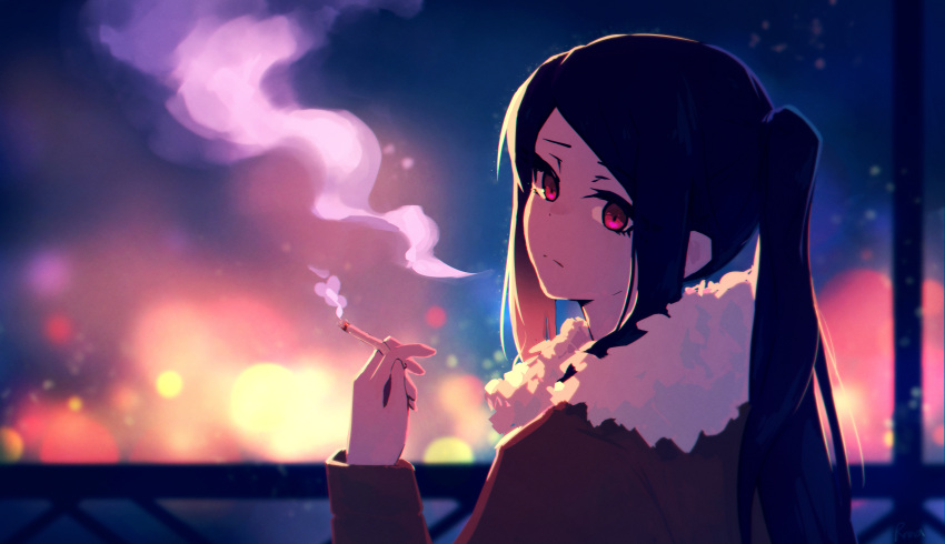 1girl absurdres artist_name asymmetrical_bangs backlighting bangs black_hair brown_coat cigarette closed_mouth coat expressionless from_behind fur-trimmed_coat fur_trim highres holding holding_cigarette jill_stingray long_hair long_sleeves looking_at_viewer night night_sky pink_eyes rn9 sidelocks signature sky smoke smoking solo split_mouth swept_bangs turning_head upper_body va-11_hall-a