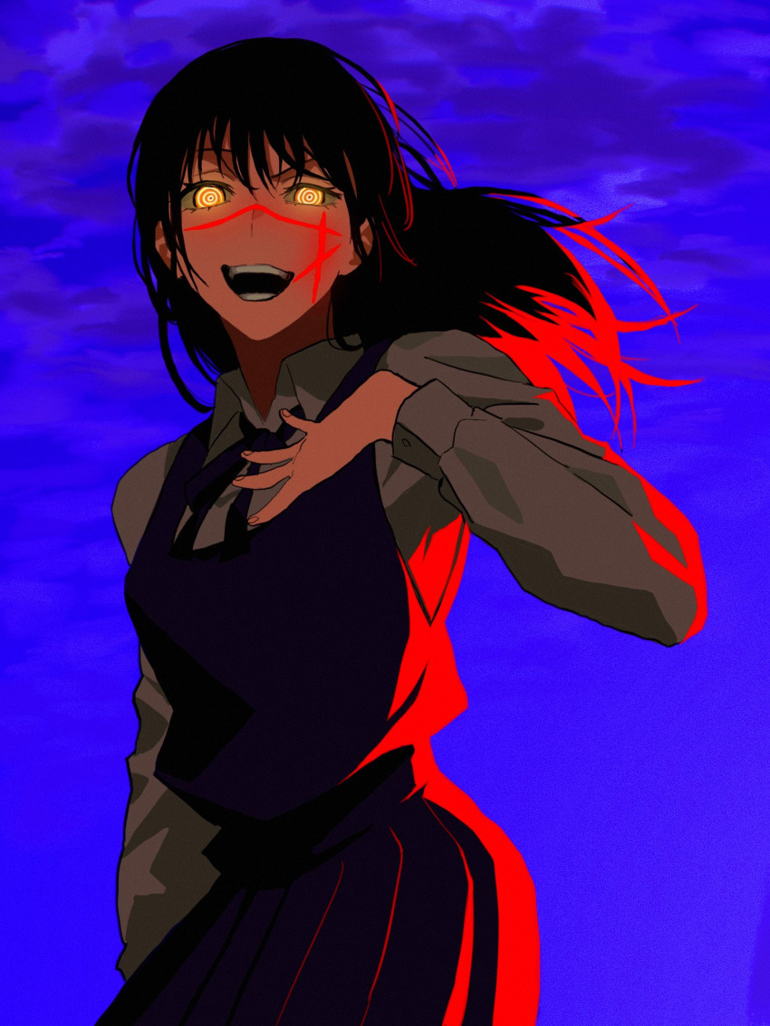 1girl bangs black_hair blue_background chainsaw_man cross_scar dress floating_hair fourth_east_high_school_uniform glowing glowing_eyes hand_on_own_chest highres kota_2kx long_hair looking_at_viewer open_mouth pinafore_dress ringed_eyes scar scar_on_cheek scar_on_face school_uniform smile solo yellow_eyes yoru_(chainsaw_man)