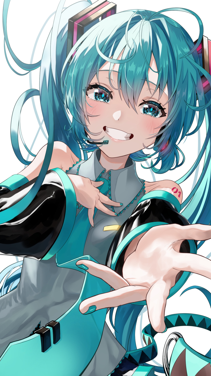 1girl absurdres aqua_eyes aqua_hair aqua_nails aqua_necktie arm_tattoo bare_shoulders black_sleeves collared_shirt commentary detached_sleeves diamond-shaped_pupils diamond_(shape) fingernails grey_shirt grin hair_ornament hand_on_own_chest hatsune_miku headset highres long_hair looking_at_viewer microphone nail_polish necktie number_tattoo outstretched_arm reaching_towards_viewer shirt simple_background sleeveless sleeveless_shirt smile solo symbol-shaped_pupils tattoo tatyaoekaki teeth tie_clip twintails upper_body very_long_hair vocaloid white_background