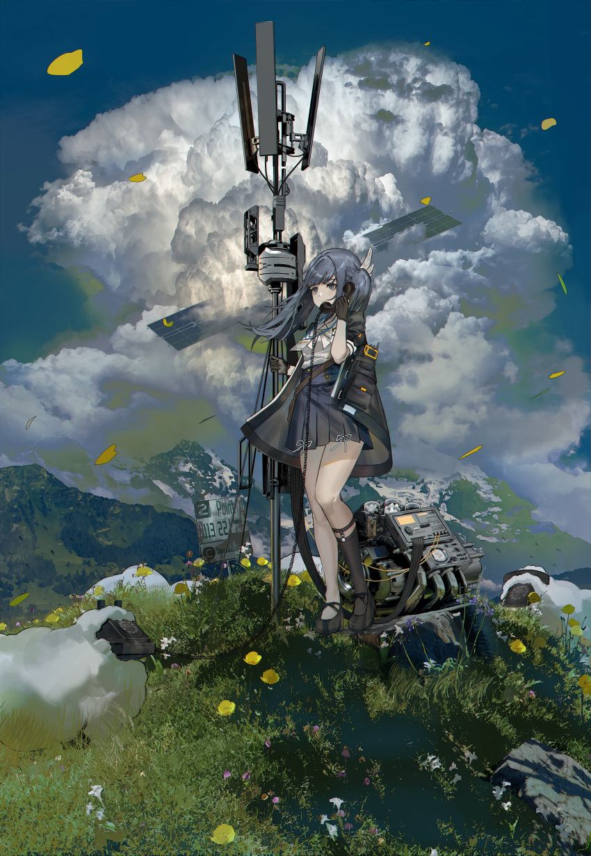 1girl absurdres black_footwear black_gloves black_jacket black_socks blue_eyes blue_hair blue_skirt clouds cloudy_sky collared_shirt corded_phone feather_hair_ornament feathers flower geki_dan gloves hair_ornament high-waist_skirt high_heels highres holding holding_phone id_card jacket knee_strap kneehighs lanyard leaf original phone pleated_skirt pumps ribbon road_sign sheep shirt short_sleeves sign single_sock skirt sky socks standing twintails white_ribbon white_shirt