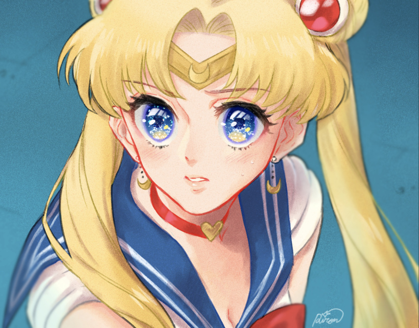 1girl bangs bishoujo_senshi_sailor_moon blonde_hair blue_eyes blue_sailor_collar choker crescent crescent_earrings derivative_work diadem earrings heart heart_choker highres jewelry long_hair meme miyai_nekomaru parted_bangs parted_lips sailor_collar sailor_moon sailor_moon_redraw_challenge_(meme) sailor_senshi_uniform screencap_redraw signature solo sparkling_eyes tsukino_usagi twintails upper_body