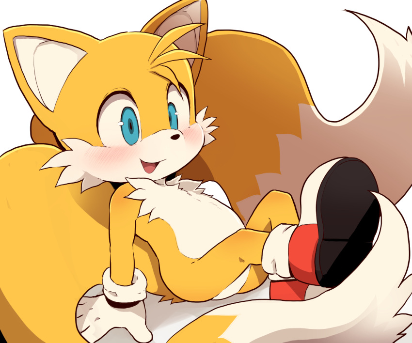 1boy animal_ears animal_nose blue_eyes blush commentary_request dagasi fox_boy fox_ears fox_tail furry furry_male gloves looking_to_the_side male_focus multiple_tails open_mouth red_footwear shoes simple_background sitting smile sneakers socks solo sonic_(series) tail tails_(sonic) tongue two-tone_fur two_tails white_background white_fur white_gloves white_socks yellow_fur