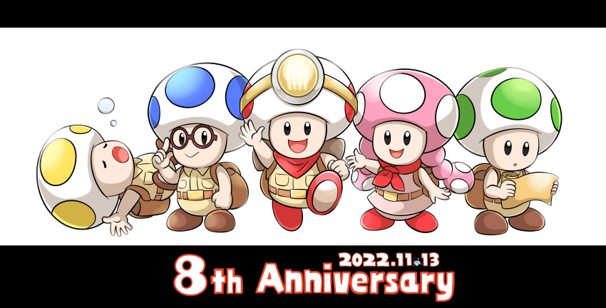 1girl 4boys :d :o absurdres adjusting_eyewear anniversary aogaeru_(pixiv46613656) arm_up backpack bag bandana breast_pocket brown-framed_eyewear brown_bag brown_pants brown_shirt captain_toad captain_toad:_treasure_tracker closed_eyes closed_mouth collared_shirt commentary_request dated glasses hand_up headlight highres holding holding_map letterboxed lying map multiple_boys on_back open_mouth pants pocket red_bandana red_scarf round_eyewear scarf shirt simple_background sleeping smile standing super_mario_bros. toad_(mario) toadette waving white_background