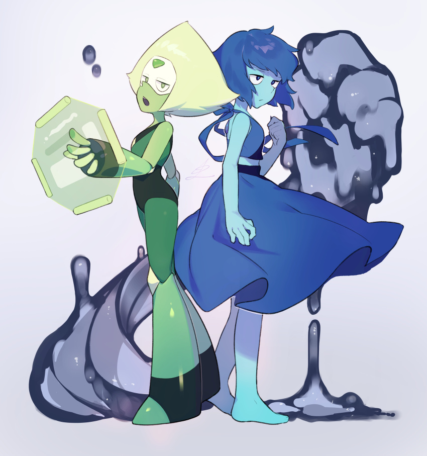 2girls absurdres barefoot blue_dress blue_eyes blue_skirt breasts clenched_hand closed_mouth colored_skin commentary_request crop_top dress forehead_jewel from_side gem green_eyes green_hair green_skin hatoridayou highres lapis_lazuli_(steven_universe) multiple_girls open_mouth peridot_(steven_universe) short_hair simple_background skirt small_breasts standing steven_universe water white_background