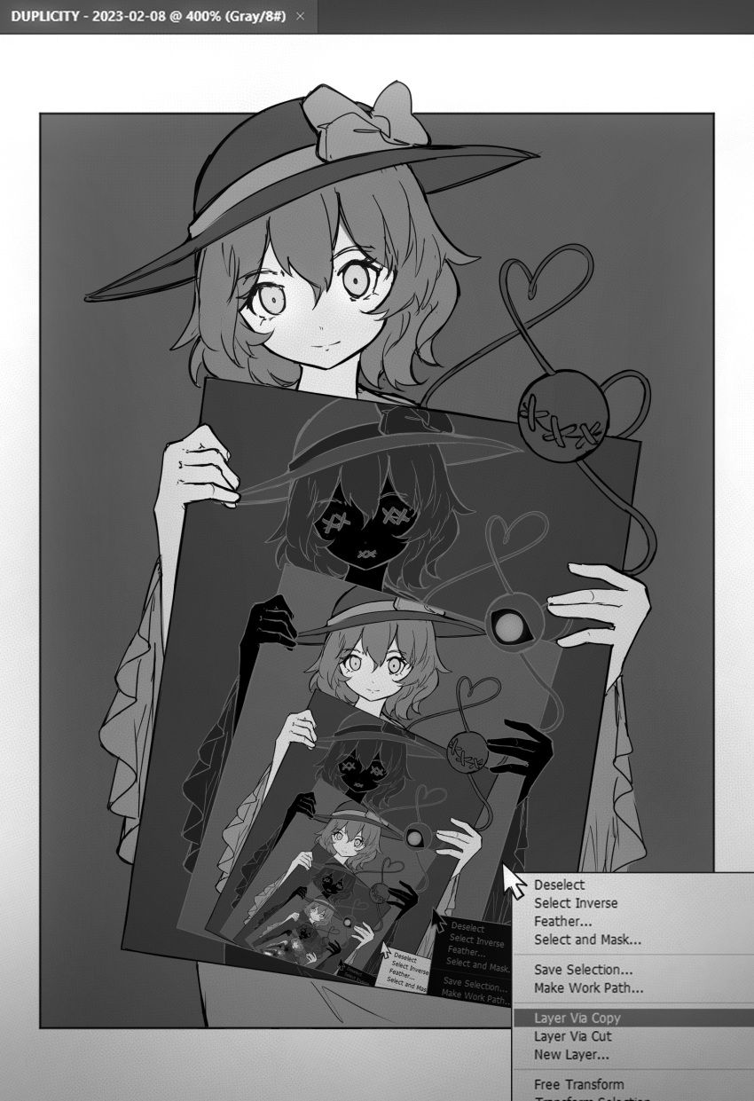 bow chiroru_(cheese-roll) closed_mouth commentary cursor dated dialogue_box dual_persona english_text greyscale hat hat_bow heart heart_of_string highres komeiji_koishi looking_at_viewer monochrome negative recursion smile third_eye touhou