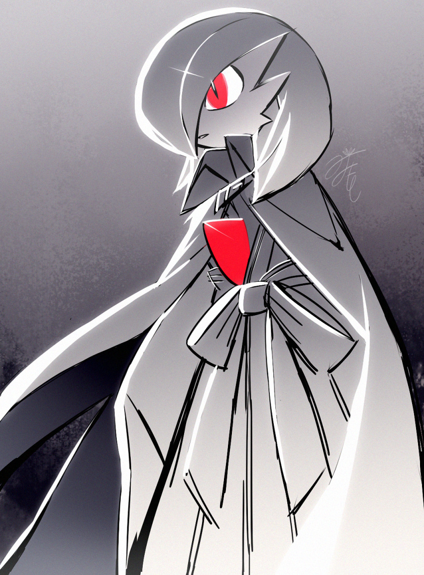 1girl artist_name bangs bob_cut bright_pupils cape clothed_pokemon collared_cape commentary gardevoir gradient_background grey_background grey_theme greyscale hair_over_one_eye highres japanese_clothes kimono lotosu monochrome one_eye_covered parted_lips pokemon pokemon_(creature) red_eyes short_hair signature simple_background sketch sleeves_past_fingers sleeves_past_wrists solo spot_color standing white_pupils