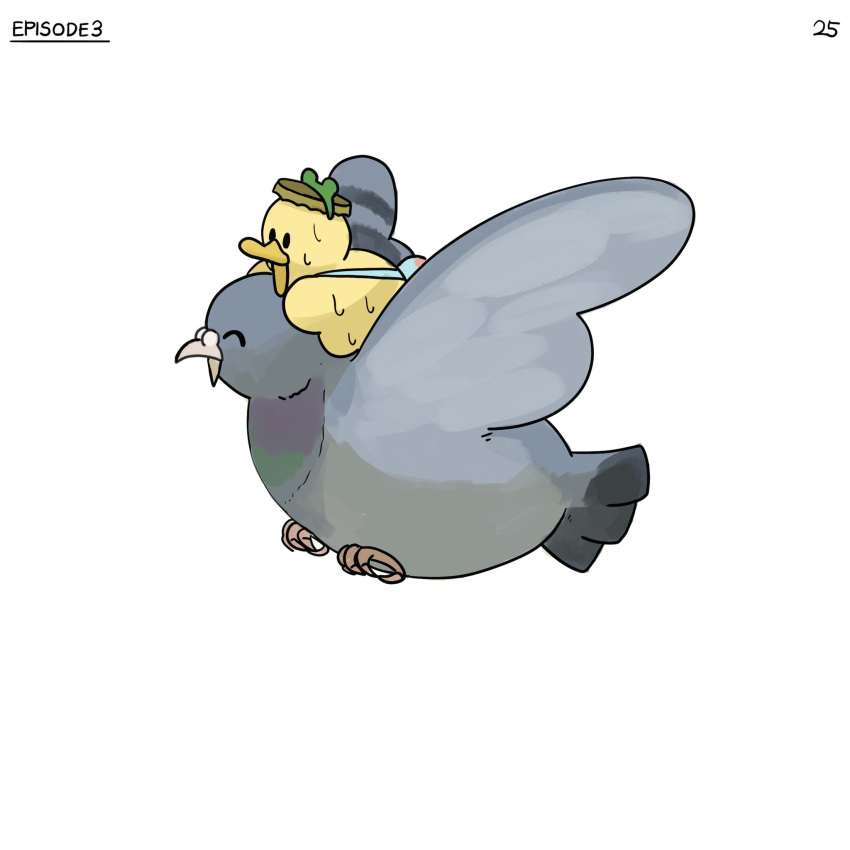 ^_^ bag bird bottle_cap closed_eyes diva_(hyxpk) duck duckling english_text flying frog_headband hat highres no_humans numbered original pigeon riding simple_background sweat sweating_profusely white_background