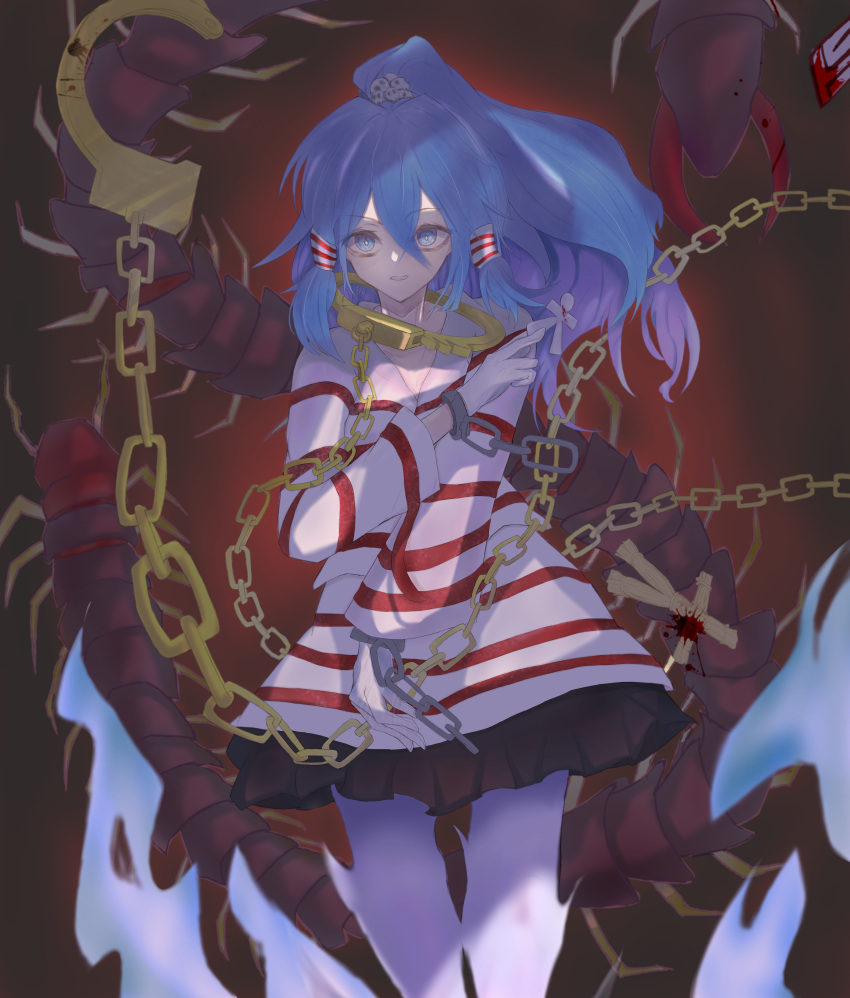 1girl absurdres bangs between_fingers blue_eyes blue_hair bug centipede chain chained cuffs expressionless gold_chain hair_between_eyes hair_ornament hand_up highres holding looking_at_viewer miyadeguchi_mizuchi parted_lips ponytail prison_clothes shackles simple_background skull_hair_ornament standing teeth touhou user_sgnk8532