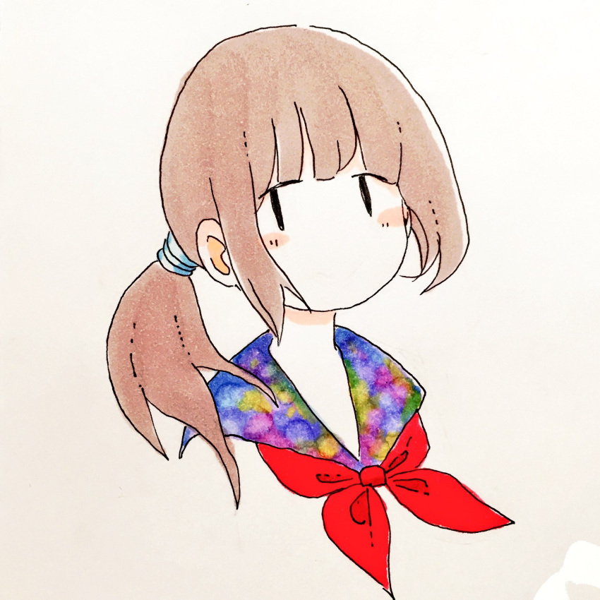 1girl bangs brown_hair cropped_torso hair_over_shoulder highres long_hair looking_at_viewer multicolored_sailor_collar neckerchief no_mouth no_nose original ponytail portrait red_neckerchief sailor_collar school_uniform serafuku sidelocks simple_background solo tokunaga_aoi traditional_media white_background