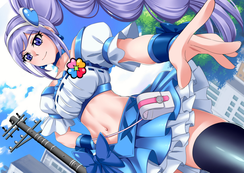 1girl aono_miki bandeau black_thighhighs blue_choker blue_skirt breasts building choker clouds clover cure_berry day fresh_precure! frills hairband highres house long_hair medium_breasts navel outdoors pouch power_lines precure purple_hair road short_sleeves skirt sky solo street thigh-highs town utility_pole very_long_hair violet_eyes wavelevel5