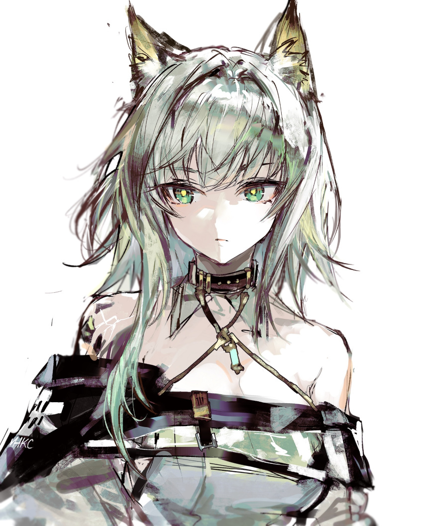 1girl animal_ear_fluff animal_ears arknights asymmetrical_hair bangs bare_shoulders black_choker cat_ears choker dress green_eyes green_hair highres kal'tsit_(arknights) labcoat looking_at_viewer off-shoulder_dress off_shoulder open_mouth oripathy_lesion_(arknights) remsrar short_hair simple_background upper_body white_background