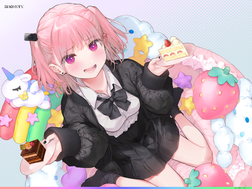 1girl aihara_shouta bangs black_bow black_bowtie black_jacket black_nails black_skirt black_socks blush bow bowtie breasts cake cake_slice chocolate_cake collared_shirt earrings food fruit group_name hair_ornament heart heart_pillow highres holding holding_plate jacket jewelry looking_at_viewer medium_breasts medium_hair nail_polish no_shoes non-web_source open_clothes open_jacket open_mouth original pillow pink_eyes pink_hair plate pleated_skirt polka_dot polka_dot_background shirt short_hair sitting skirt smile socks solo strawberry strawberry_shortcake stud_earrings stuffed_strawberry stuffed_unicorn sweatdrop teeth twintails wariza white_shirt