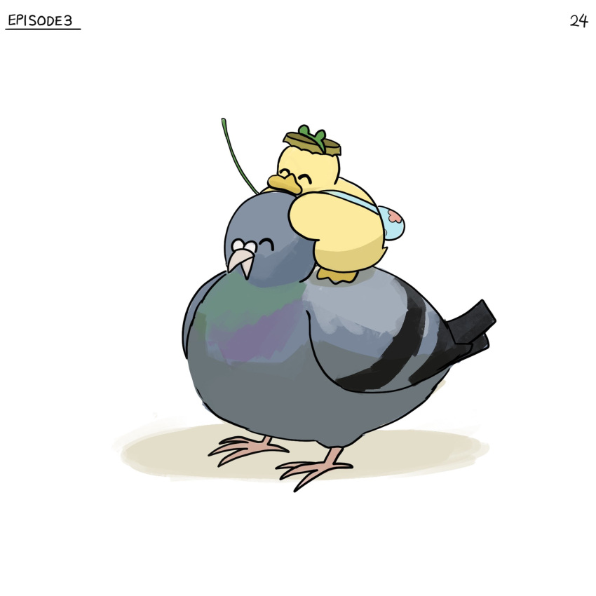 ^_^ bag bird bottle_cap closed_eyes diva_(hyxpk) duck duckling english_text frog_headband hat highres no_humans numbered original pigeon riding simple_background white_background