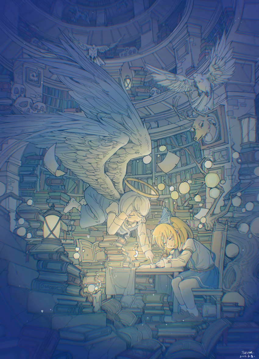 2girls absurdres alice_margatroid alice_margatroid_(pc-98) angel_wings artist_name ascot bird blonde_hair blue_ascot blue_dress blue_ribbon blue_skirt blush book book_stack bookshelf brown_footwear chair chinese_commentary closed_eyes commentary dated dress feathered_wings flying hair_ribbon halo head-mounted_display highres holding holding_pen indoors juliet_sleeves library long_sleeves multiple_girls on_chair pen pointing puffy_sleeves ribbon sariel_(touhou) shirt shoes short_hair sitting skirt skull sleeve_cuffs socks suspender_skirt suspenders touhou touhou_(pc-98) tseum white_shirt white_socks wings writing