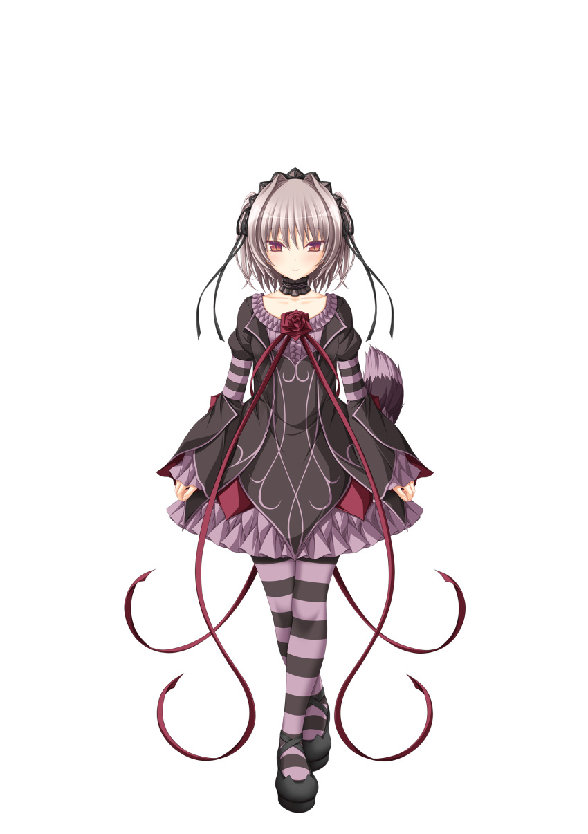1girl absurdres bangs black_footwear choker collarbone dress facing_viewer full_body gothic_lolita hair_intakes hairband hapymaher highres koku lolita_fashion lolita_hairband long_sleeves looking_at_viewer mary_janes medium_hair naitou_maia non-web_source official_art photoshop_(medium) red_eyes ribbon shoes slit_pupils smile solo tail thigh-highs transparent_background two_side_up