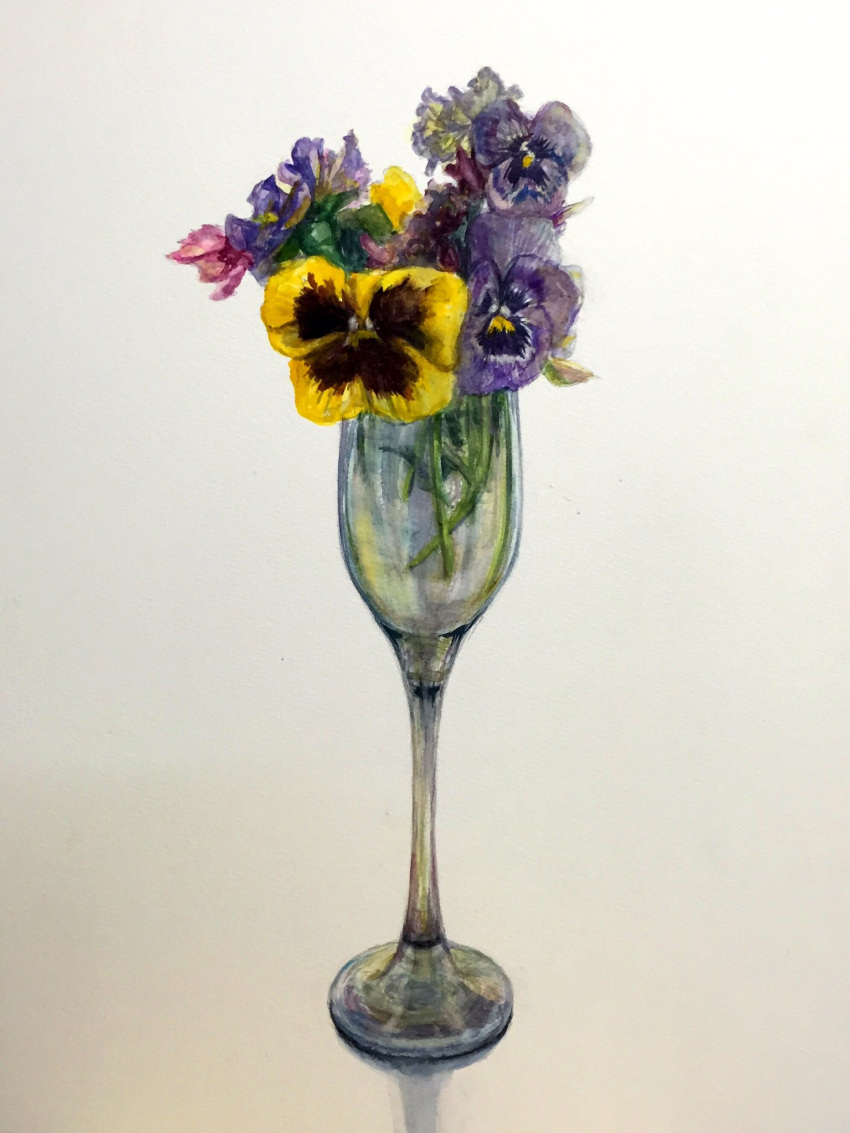 bouquet champagne_flute commentary cup drinking_glass flower highres no_humans original painting_(medium) pansy purple_flower realistic simple_background still_life tokunaga_aoi traditional_media watercolor_(medium) white_background yellow_flower