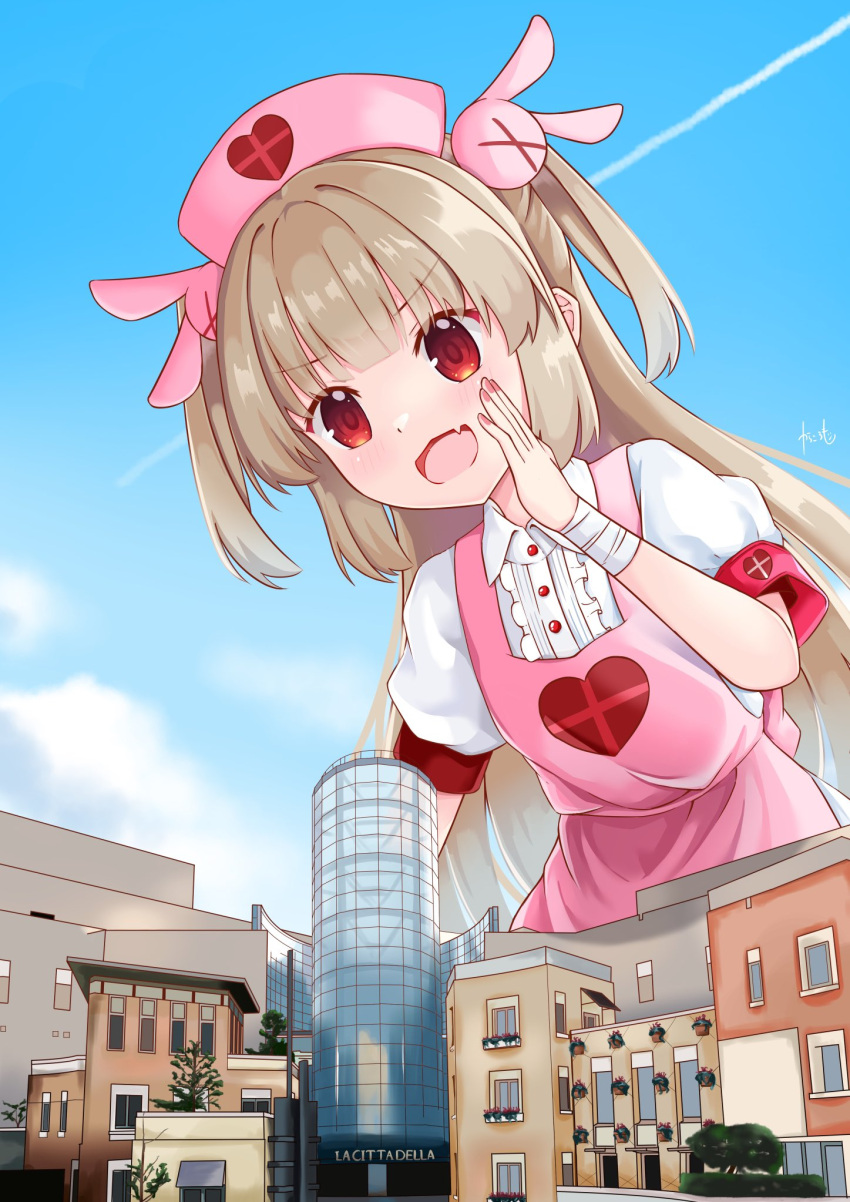 1girl apron artist_request bandaged_arm bandages blue_sky building city clouds collared_shirt giant giantess hair_ornament hat highres light_brown_hair natori_sana nurse_cap open_mouth outdoors pink_apron pink_headwear puffy_short_sleeves puffy_sleeves rabbit_hair_ornament red_eyes sana_channel shirt short_sleeves signature sky skyscraper smile solo two_side_up virtual_youtuber white_shirt