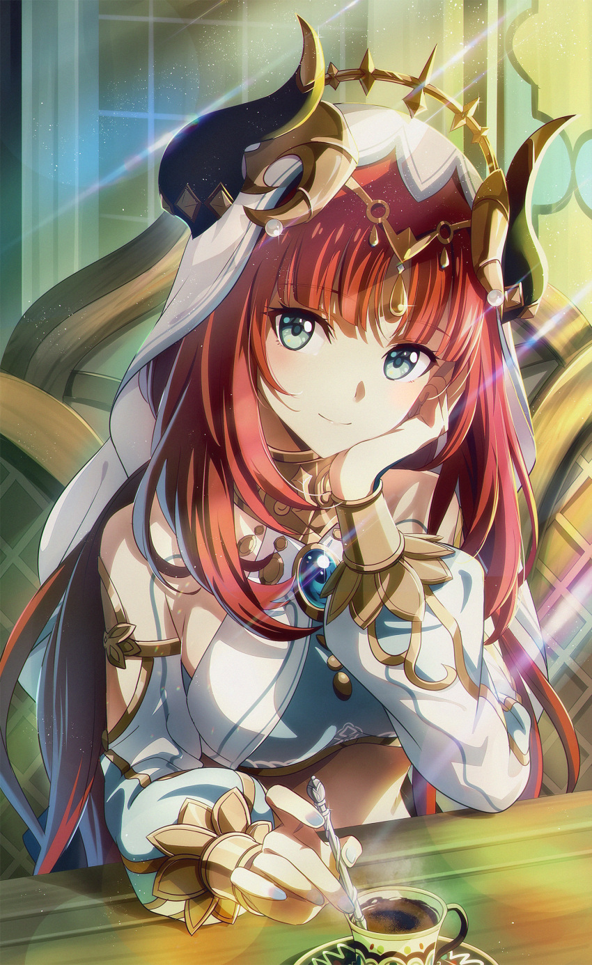 1girl absurdres aqua_eyes bangs blue_nails blush bracer brooch cheek_rest circlet closed_mouth clothing_cutout commentary_request crop_top cup detached_sleeves fake_horns fcc_(fengcheche) genshin_impact glint gold_trim hand_on_own_face harem_outfit head_tilt highres holding holding_spoon horns jewelry lens_flare light_particles long_hair long_sleeves looking_at_viewer low_twintails nail_polish neck_ring nilou_(genshin_impact) parted_bangs puffy_long_sleeves puffy_sleeves redhead saucer sidelighting sidelocks sitting smile solo spoon steam table tea teacup twintails upper_body veil white_headwear white_sleeves wooden_table