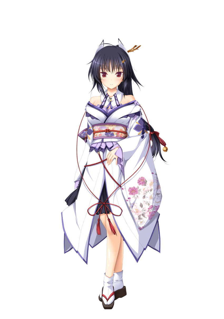 1girl absurdres bangs bell black_hair floral_print full_body hair_bell hair_ornament hairclip hapymaher hasuno_saki highres koku long_hair long_sleeves looking_at_viewer low-tied_long_hair non-web_source obi official_art red_eyes sandals sash solo standing tabi tachi-e transparent_background wide_sleeves
