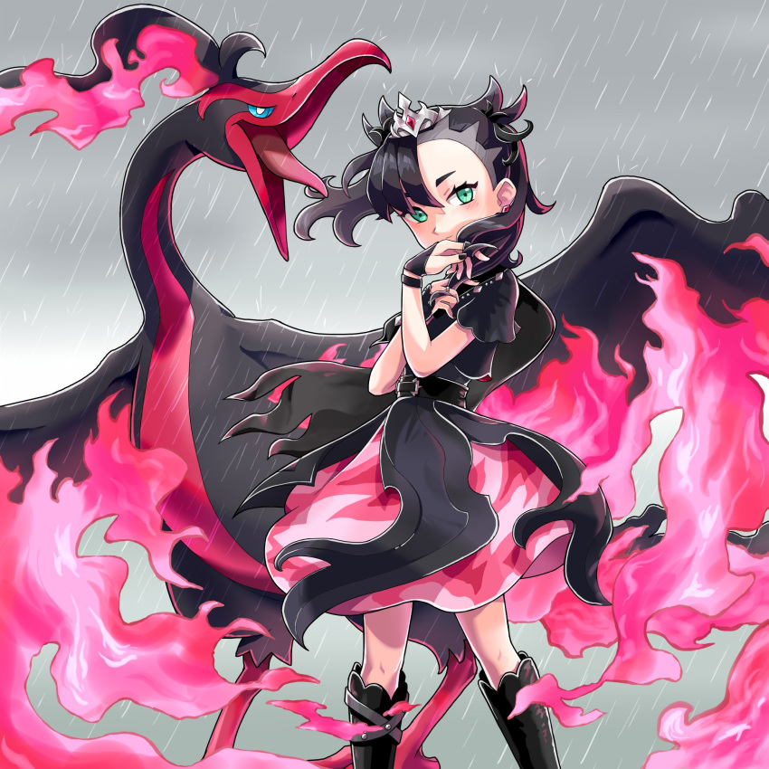 1girl bangs bird black_dress black_footwear black_hair black_nails blush boots closed_mouth commentary_request dress earrings eyelashes ffccll fingerless_gloves galarian_moltres gloves green_eyes grey_background hands_up highres jewelry knee_boots knees looking_at_viewer marnie_(champion)_(pokemon) marnie_(pokemon) nail_polish official_alternate_costume pokemon pokemon_(creature) pokemon_(game) pokemon_masters_ex rain short_sleeves standing tiara twintails