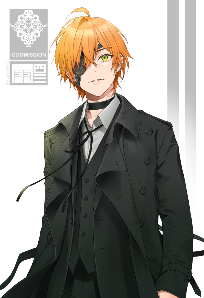 1boy arms_at_sides black_choker black_coat black_jacket black_ribbon buttons chimachi choker coat collared_shirt commission dress_shirt eyepatch green_eyes highres jacket looking_at_viewer male_focus neck_ribbon open_clothes open_coat open_jacket orange_hair original parted_lips ribbon shirt short_hair skeb_commission solo twitter_username upper_body waistcoat white_background white_shirt