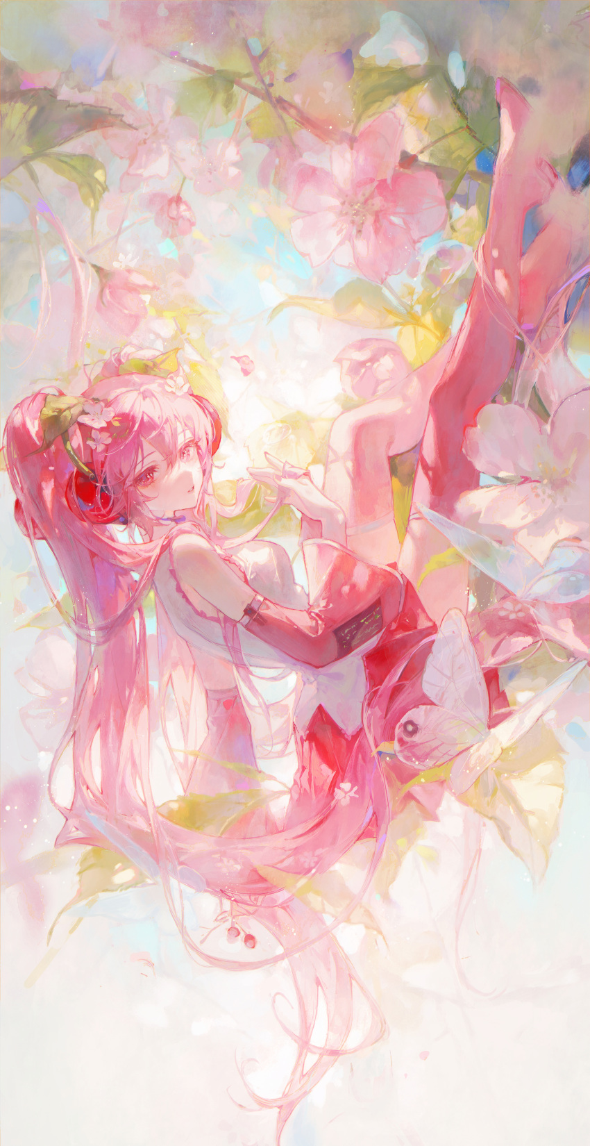1girl absurdres alternate_color bangs bug butterfly cherry cherry_blossoms commentary_request detached_sleeves flower food from_side fruit full_body hair_flower hair_ornament hatsune_miku headphones headset highres holding holding_hair legs_up long_hair looking_at_viewer maccha_(mochancc) parted_lips pink_eyes pink_flower pink_footwear pink_hair pink_skirt pink_sleeves pink_theme pink_thighhighs sakura_miku shirt skirt sleeveless sleeveless_shirt solo thigh-highs very_long_hair vocaloid white_shirt