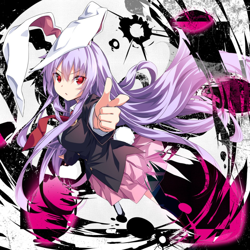1girl animal_ears bangs black_jacket blazer buttons collared_shirt hair_between_eyes highres jacket light_purple_hair long_hair necktie parted_lips pink_skirt pleated_skirt rabbit_ears rabbit_tail red_eyes red_necktie reisen_udongein_inaba shirt skirt solo tail touhou ugume white_shirt