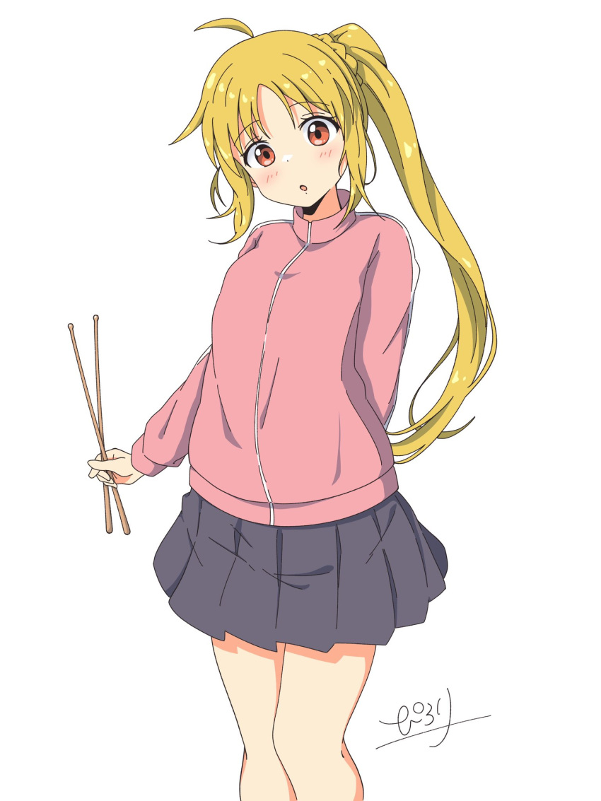 1girl :o ahoge arm_behind_back bangs blonde_hair blush bocchi_the_rock! brown_eyes commentary cosplay cowboy_shot drumsticks gotou_hitori gotou_hitori_(cosplay) grey_skirt highres holding holding_drumsticks ijichi_nijika jacket long_hair long_sleeves looking_at_viewer parted_lips pilolimaru pink_jacket pleated_skirt side_ponytail sidelocks simple_background skirt solo standing track_jacket white_background