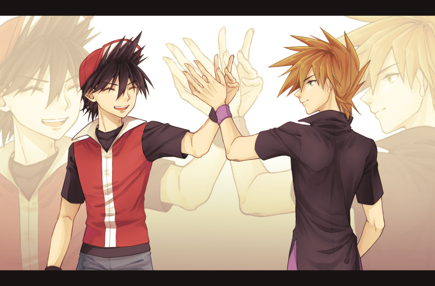 2boys :d ayan_ip bangs blue_oak brown_hair closed_eyes commentary_request grey_pants hat high_five highres letterboxed male_focus multiple_boys open_mouth pants pokemon pokemon_adventures purple_pants purple_wristband red_(pokemon) red_headwear shirt short_hair short_sleeves sleeveless sleeveless_jacket smile spiky_hair t-shirt teeth upper_teeth_only wristband zoom_layer