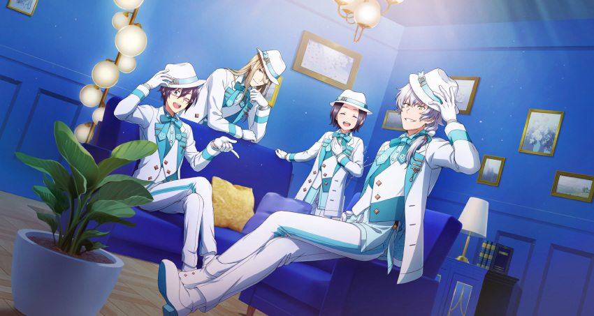 4boys aqua_bow aqua_bowtie black_hair blonde_hair blush bow bowtie chair closed_eyes couch crossed_legs fedora formal glasses gloves grey_hair hair_between_eyes hat highres idolmaster idolmaster_side-m idolmaster_side-m_growing_stars iseya_shiki kizaki_ren koron_chris lamp male_child male_focus multiple_boys official_art okamura_nao one_eye_closed picture_frame plant shoes sitting smile smirk suit teeth upper_teeth_only white_footwear white_gloves white_headwear white_suit