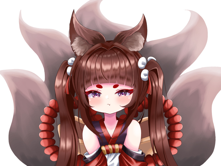 1girl :t amagi-chan_(azur_lane) animal_ear_fluff animal_ears azur_lane bangs blunt_bangs brown_hair commentary_request detached_sleeves eyeshadow fox_ears fox_girl fox_tail highres japanese_clothes kokonoe910 kyuubi long_hair long_sleeves looking_at_viewer makeup multiple_tails pout rope shimenawa sidelocks simple_background solo tail thick_eyebrows twintails v_arms violet_eyes white_background wide_sleeves