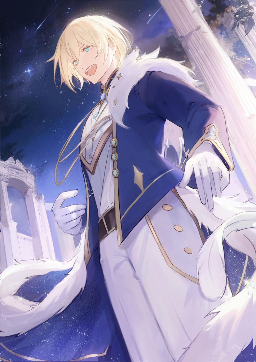 1boy blonde_hair blue_eyes blue_jacket ensemble_stars! facing_to_the_side fur-trimmed_jacket fur_trim gloves highres idol_clothes jacket long_sleeves male_focus night night_sky open_mouth pants shooting_star short_hair sky smile solo star_(sky) starry_sky tenshouin_eichi white_gloves white_pants yakumo_1041624199