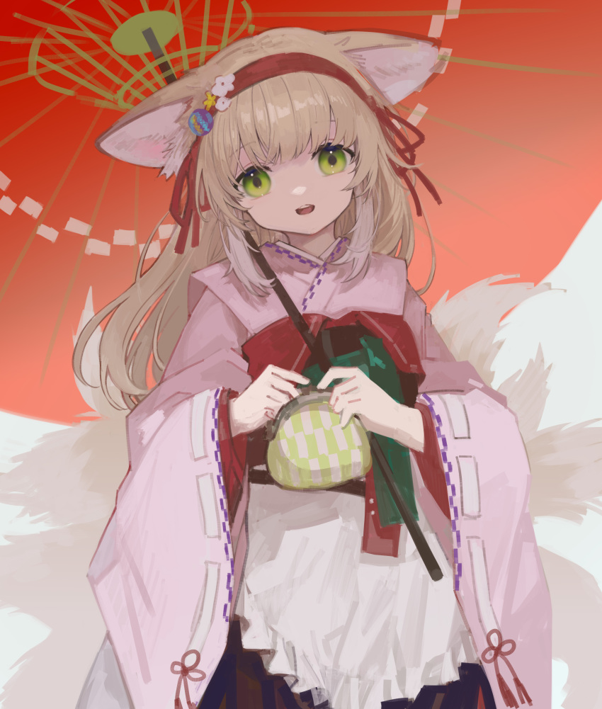 1girl absurdres animal_ear_fluff animal_ears apron arknights blonde_hair coin_purse flower fox_ears fox_girl fox_tail frilled_apron frills green_eyes hair_flower hair_ornament hairband highres holding holding_umbrella japanese_clothes kimono kitsune kyuubi miike_(992058) multiple_tails official_alternate_costume oil-paper_umbrella open_mouth pink_kimono red_hairband red_umbrella solo standing suzuran_(arknights) suzuran_(yukibare)_(arknights) tail umbrella